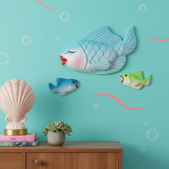 Vintage Miller Studio Chalkware Fish Iridescent Kitschy Big Lips Lashes x 3 MCM - Picture 1 of 12